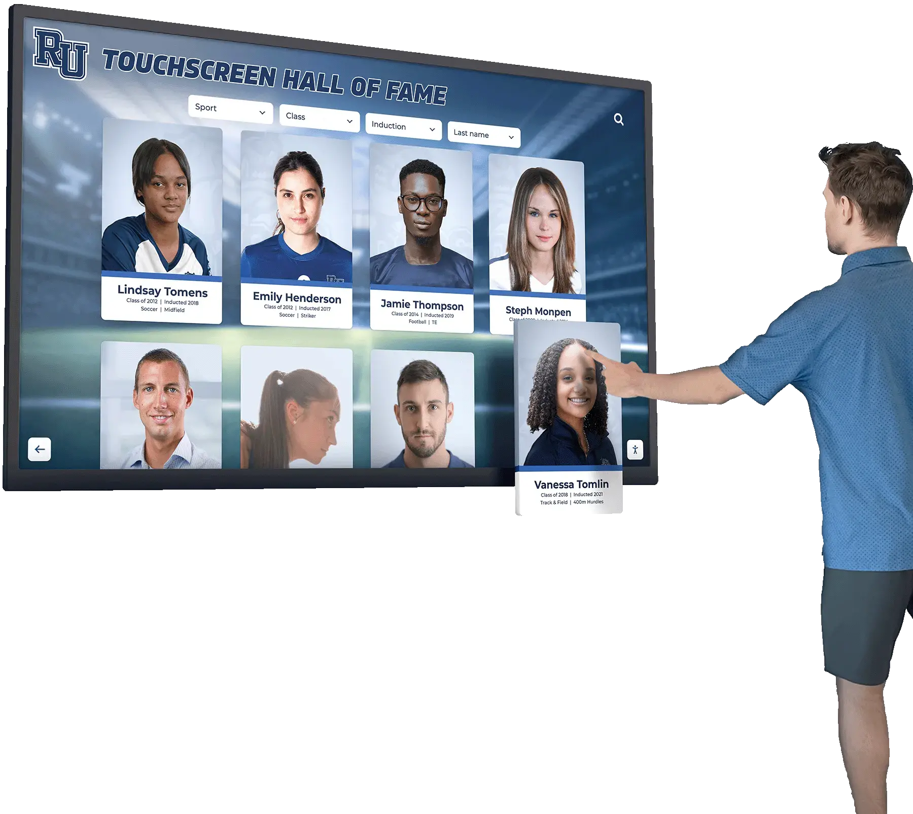 User interacting with a Rocket Alumni Solutions touchscreen